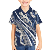 Polynesian Puakeniken Pikake Twisted Lei Family Matching Off Shoulder Maxi Dress and Hawaiian Shirt Navy Blue LT7 Son's Shirt Navy Blue - Polynesian Pride