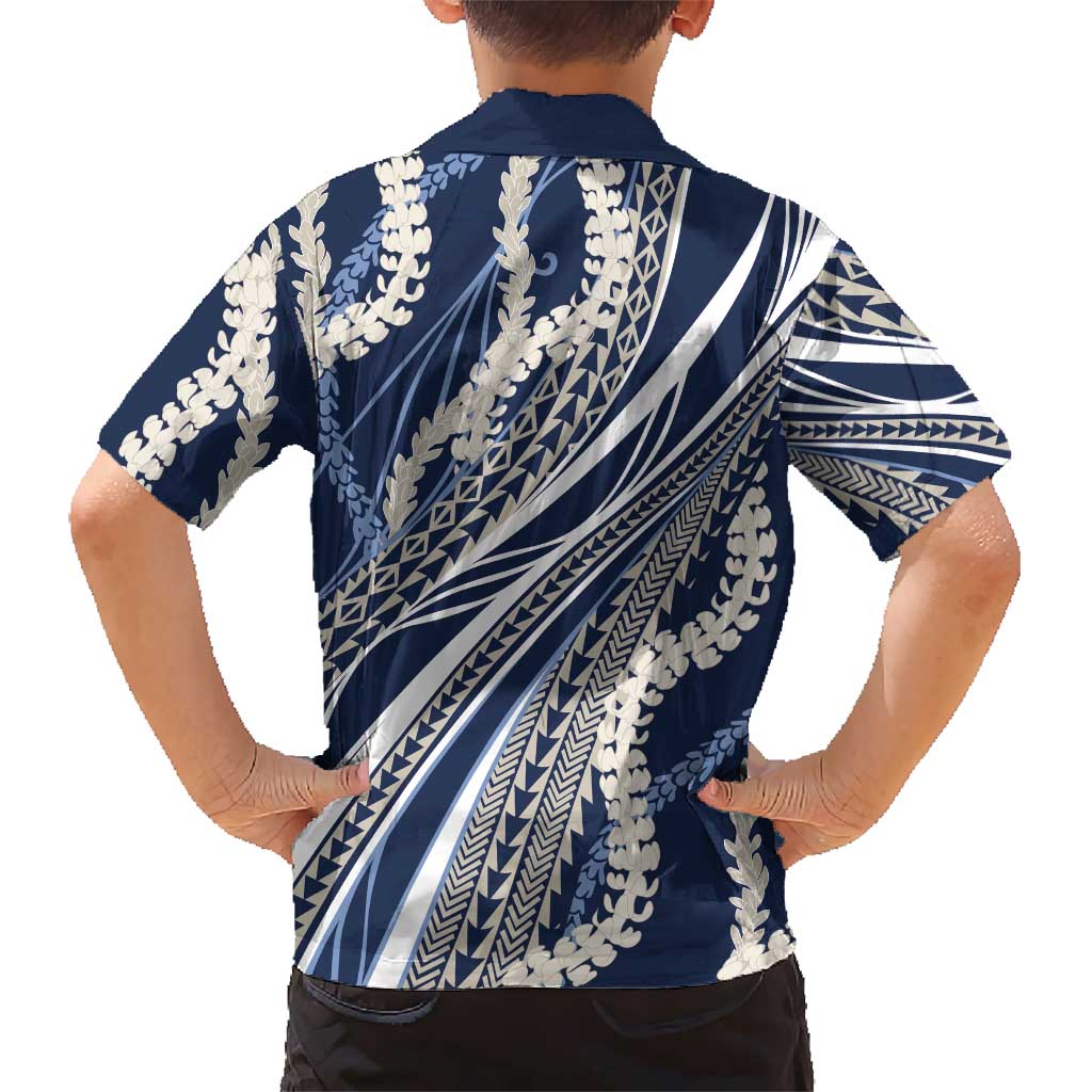 Polynesian Puakeniken Pikake Twisted Lei Family Matching Off Shoulder Short Dress and Hawaiian Shirt Navy Blue LT7 - Polynesian Pride