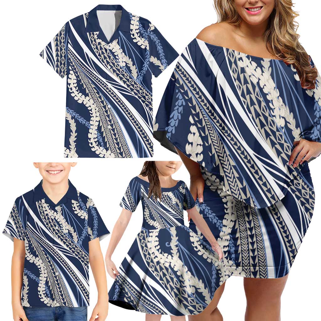 Polynesian Puakeniken Pikake Twisted Lei Family Matching Off Shoulder Short Dress and Hawaiian Shirt Navy Blue LT7 - Polynesian Pride