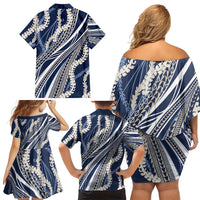 Polynesian Puakeniken Pikake Twisted Lei Family Matching Off Shoulder Short Dress and Hawaiian Shirt Navy Blue LT7 - Polynesian Pride