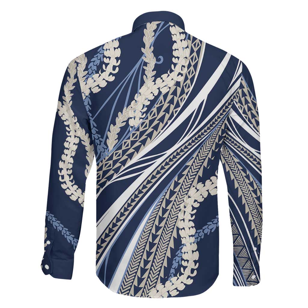 Polynesian Puakeniken Pikake Twisted Lei Family Matching Off Shoulder Short Dress and Hawaiian Shirt Navy Blue LT7 - Polynesian Pride