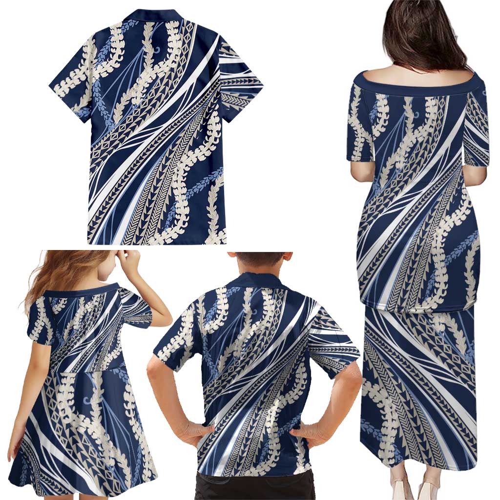 Polynesian Puakeniken Pikake Twisted Lei Family Matching Puletasi and Hawaiian Shirt Navy Blue - Polynesian Pride