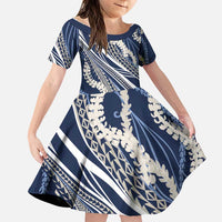 Polynesian Puakeniken Pikake Twisted Lei Family Matching Short Sleeve Bodycon Dress and Hawaiian Shirt Navy Blue LT7 Daughter's Dress Navy Blue - Polynesian Pride