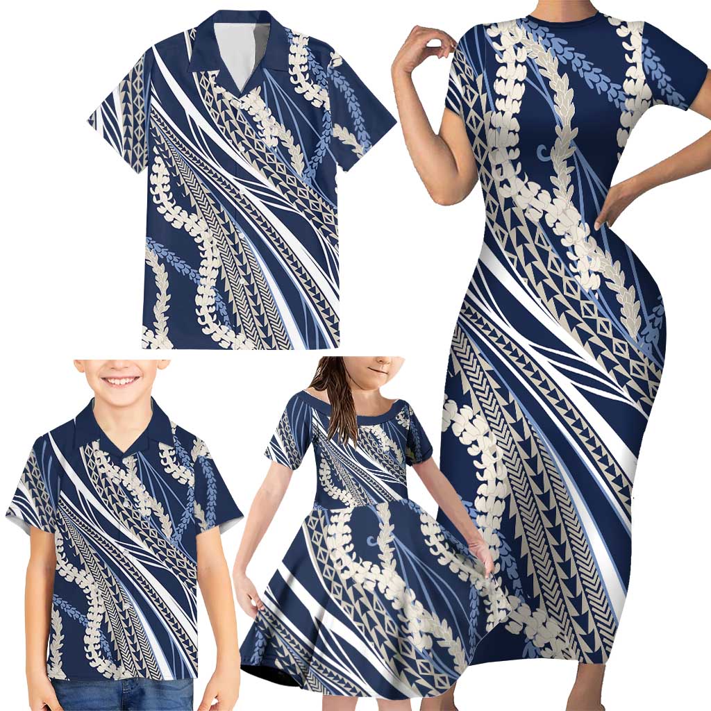 Polynesian Puakeniken Pikake Twisted Lei Family Matching Short Sleeve Bodycon Dress and Hawaiian Shirt Navy Blue LT7 - Polynesian Pride