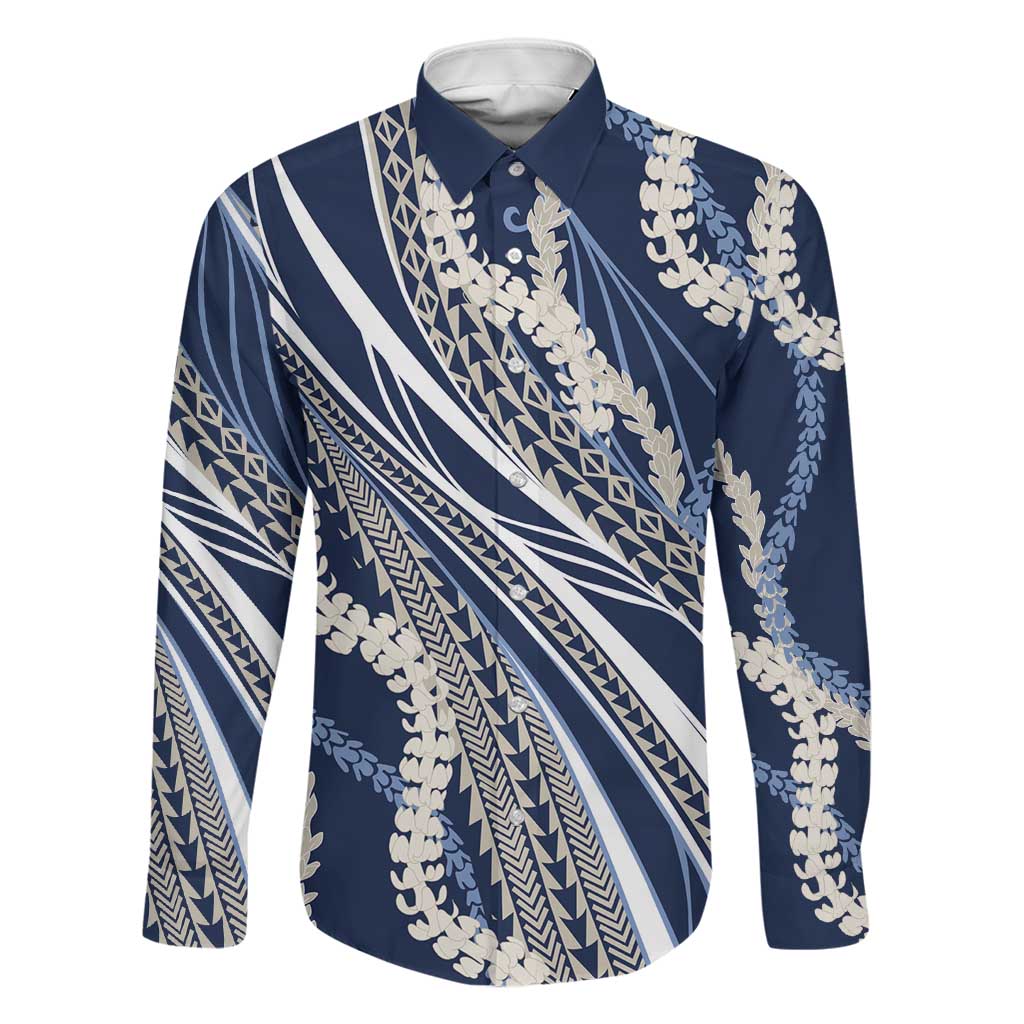 Polynesian Puakeniken Pikake Twisted Lei Family Matching Short Sleeve Bodycon Dress and Hawaiian Shirt Navy Blue LT7 Dad's Shirt - Long Sleeve Navy Blue - Polynesian Pride