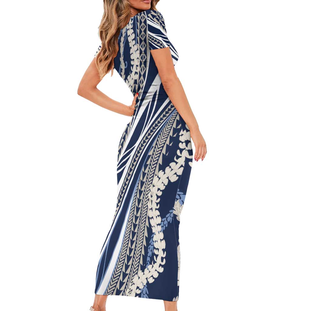 Polynesian Puakeniken Pikake Twisted Lei Family Matching Short Sleeve Bodycon Dress and Hawaiian Shirt Navy Blue LT7 - Polynesian Pride