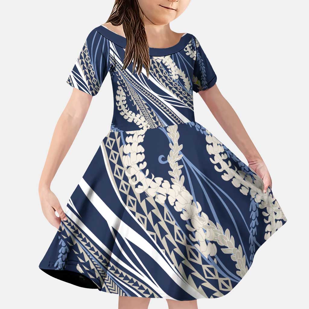 Polynesian Puakeniken Pikake Twisted Lei Family Matching Tank Maxi Dress and Hawaiian Shirt Navy Blue LT7 Daughter's Dress Navy Blue - Polynesian Pride