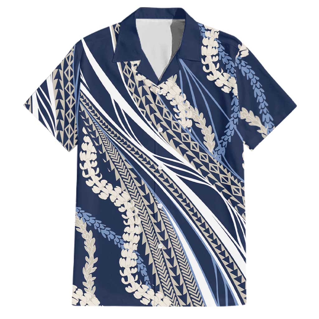 Polynesian Puakeniken Pikake Twisted Lei Family Matching Tank Maxi Dress and Hawaiian Shirt Navy Blue LT7 Dad's Shirt - Short Sleeve Navy Blue - Polynesian Pride