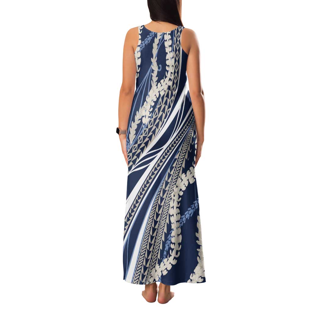 Polynesian Puakeniken Pikake Twisted Lei Family Matching Tank Maxi Dress and Hawaiian Shirt Navy Blue LT7 - Polynesian Pride