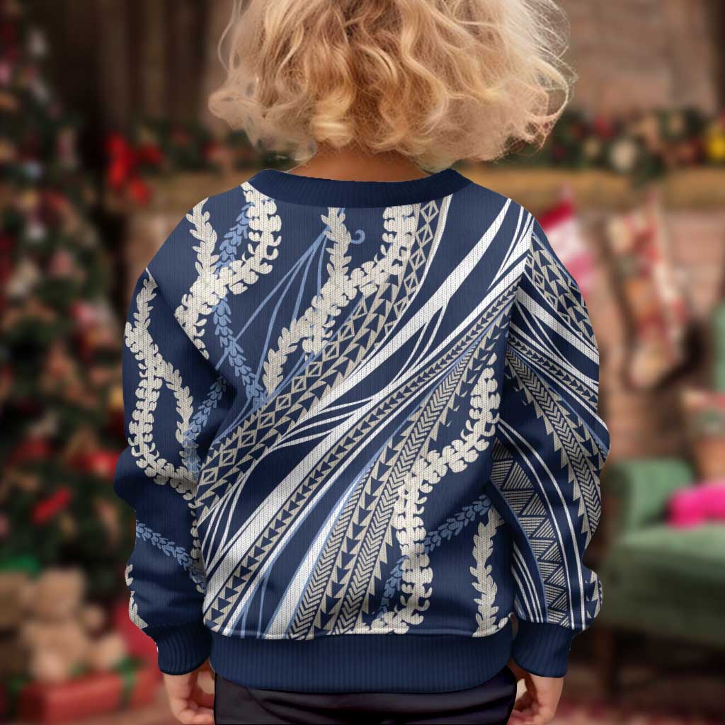 Polynesian Puakeniken Pikake Twisted Lei Kid Ugly Christmas Sweater Navy Blue - Polynesian Pride