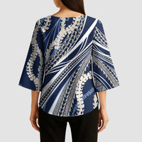 Polynesian Puakeniken Pikake Twisted Lei Kimono Sleeve Blouse Navy Blue - Polynesian Pride