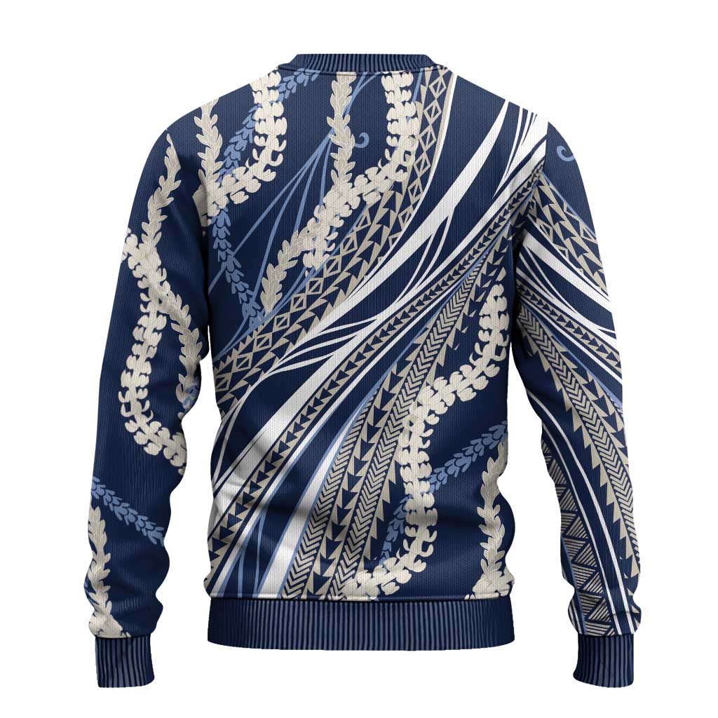Polynesian Puakeniken Pikake Twisted Lei Ugly Christmas Sweater Navy Blue - Polynesian Pride