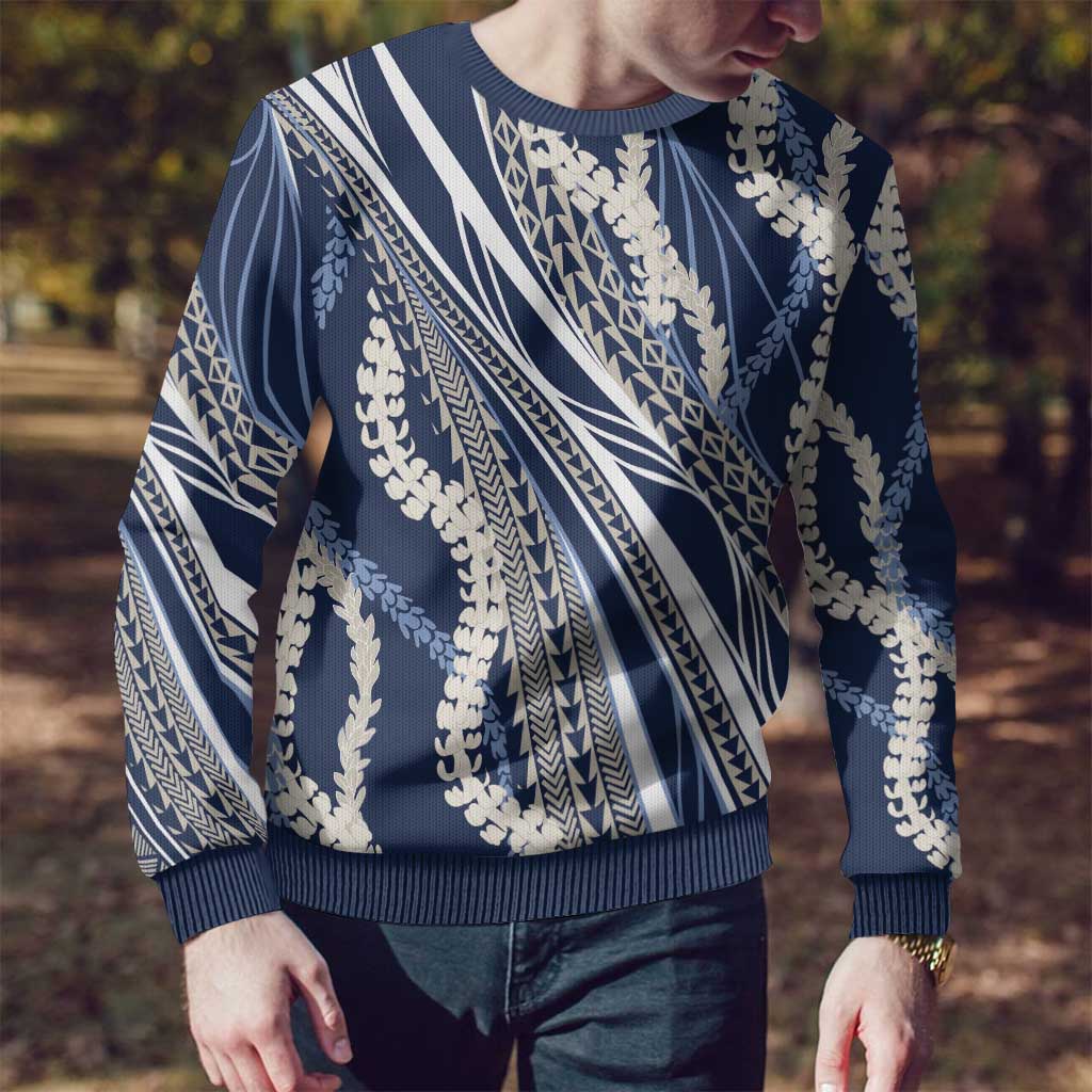 Polynesian Puakeniken Pikake Twisted Lei Ugly Christmas Sweater Navy Blue - Polynesian Pride