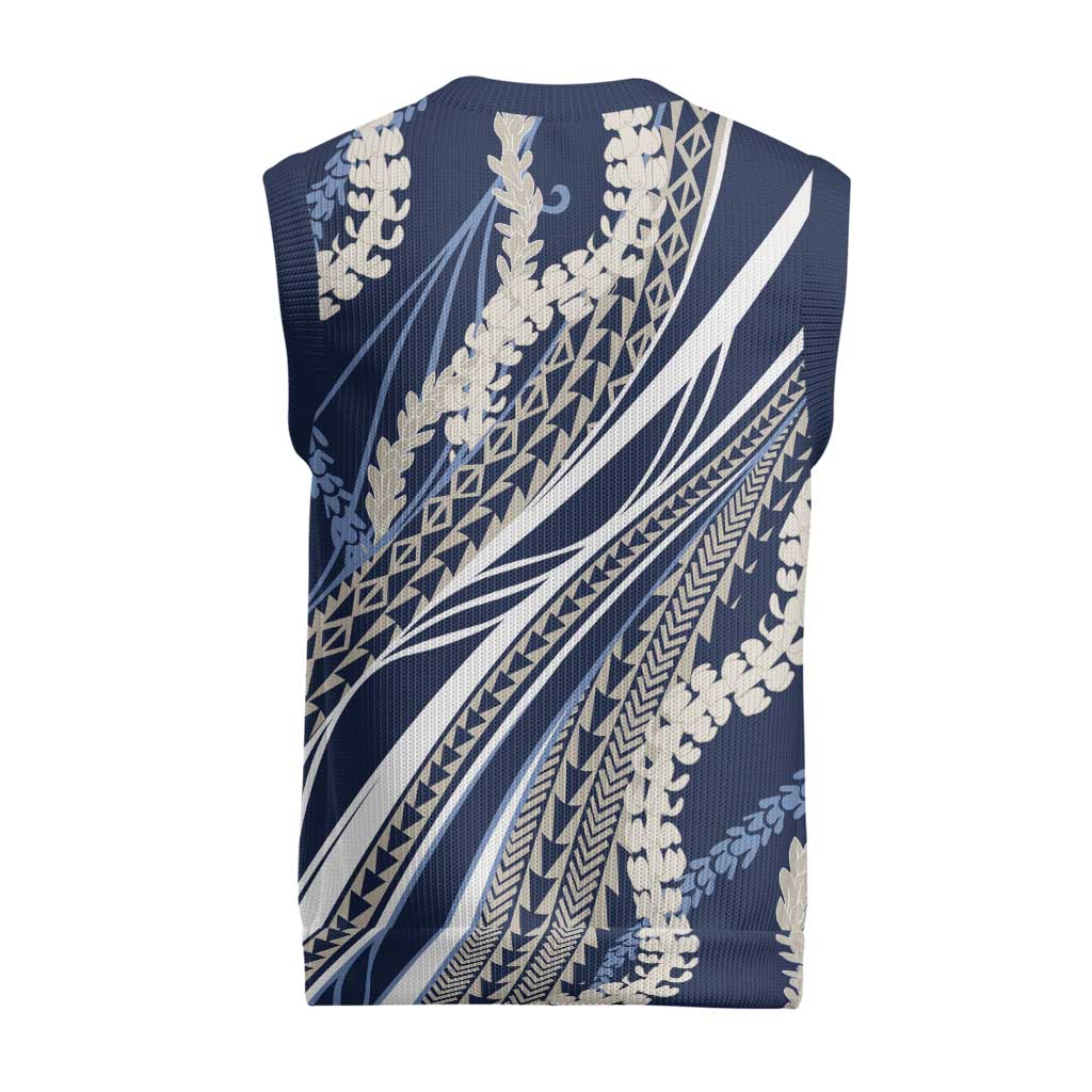 Polynesian Puakeniken Pikake Twisted Lei Christmas Knitted V-Neck Vest Navy Blue - Polynesian Pride