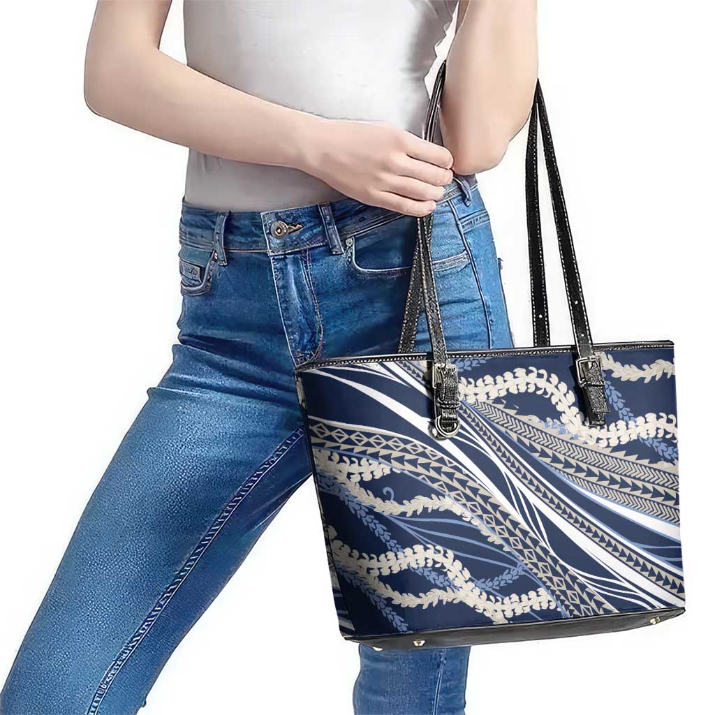 Polynesian Puakeniken Pikake Twisted Lei Leather Tote Bag Navy Blue - Polynesian Pride