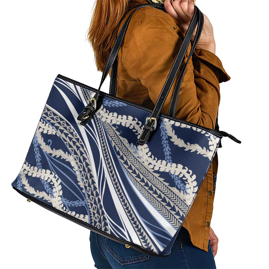 Polynesian Puakeniken Pikake Twisted Lei Leather Tote Bag Navy Blue - Polynesian Pride
