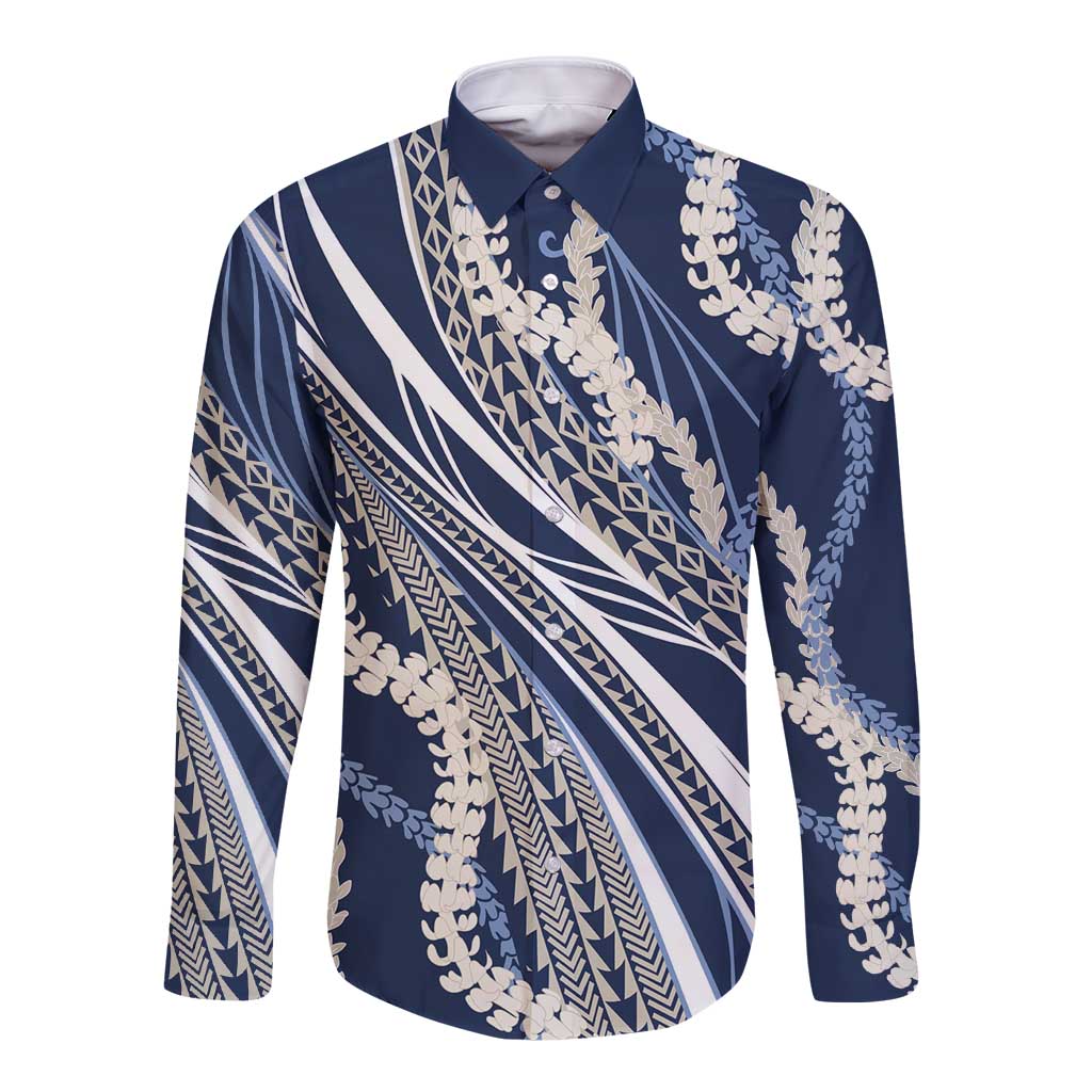 Polynesian Puakeniken Pikake Twisted Lei Long Sleeve Button Shirt Navy Blue - Polynesian Pride