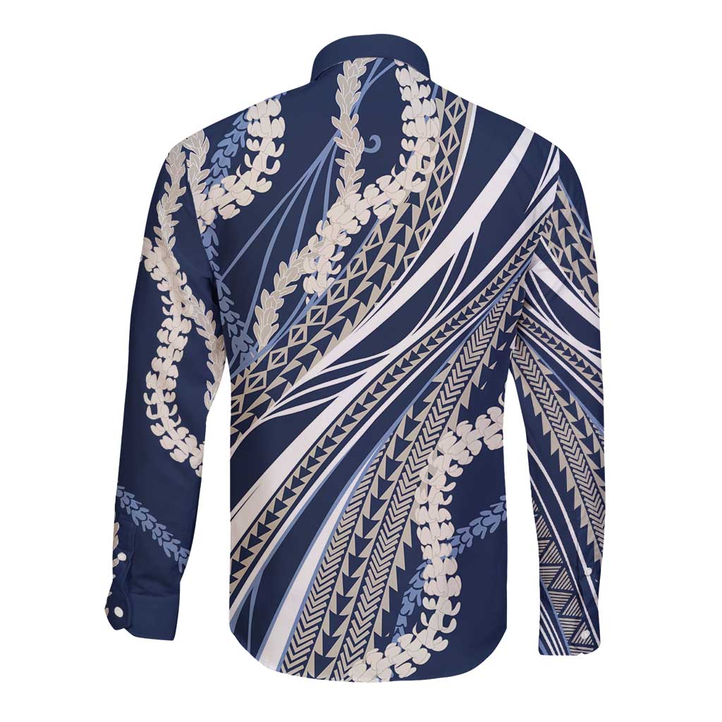 Polynesian Puakeniken Pikake Twisted Lei Long Sleeve Button Shirt Navy Blue - Polynesian Pride