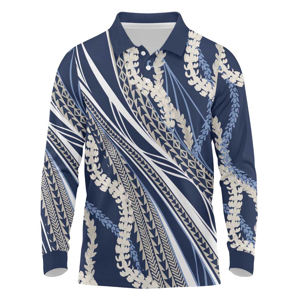 Polynesian Puakeniken Pikake Twisted Lei Long Sleeve Polo Shirt Navy Blue - Polynesian Pride