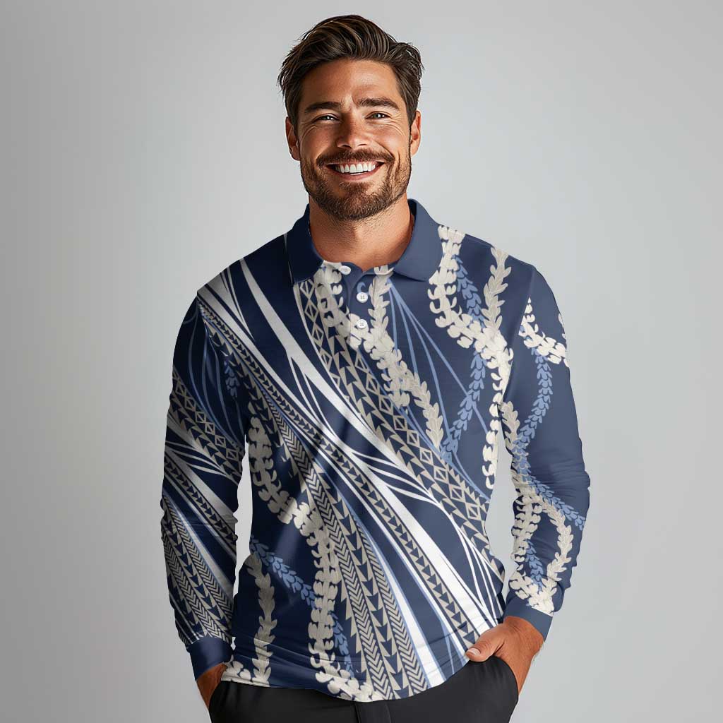 Polynesian Puakeniken Pikake Twisted Lei Long Sleeve Polo Shirt Navy Blue - Polynesian Pride