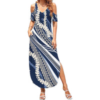 Polynesian Puakeniken Pikake Twisted Lei Summer Maxi Dress Navy Blue - Polynesian Pride