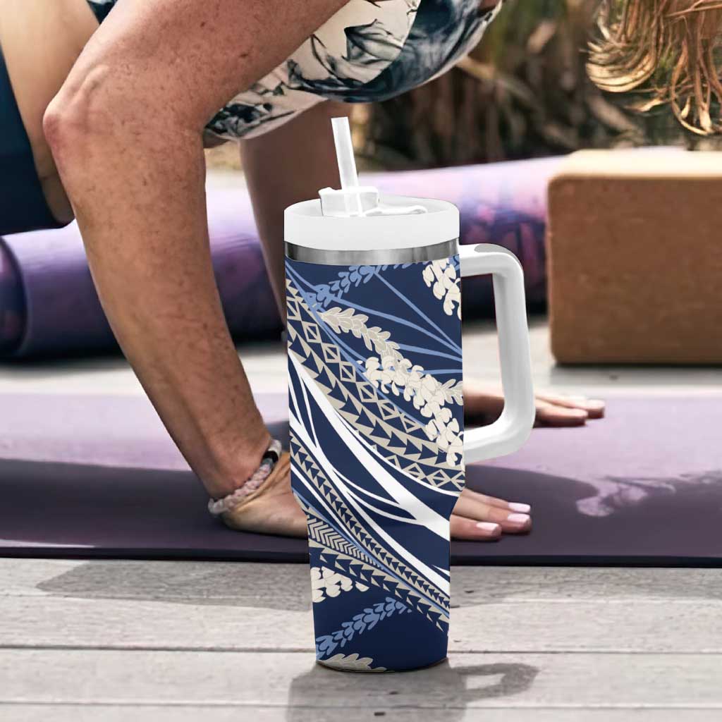 Polynesian Puakeniken Pikake Twisted Lei Tumbler With Handle Navy Blue - Polynesian Pride
