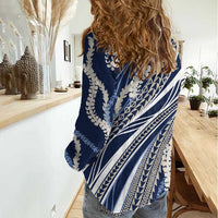 Polynesian Puakeniken Pikake Twisted Lei Women Casual Shirt Navy Blue - Polynesian Pride