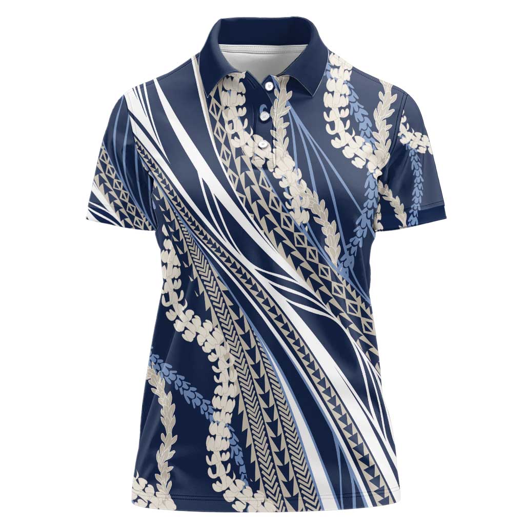 Polynesian Puakeniken Pikake Twisted Lei Women Polo Shirt Navy Blue - Polynesian Pride