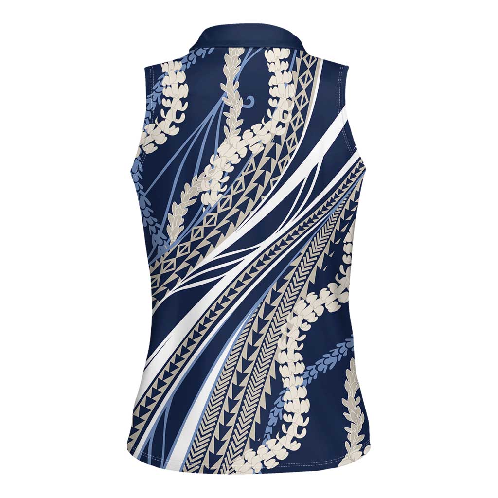 Polynesian Puakeniken Pikake Twisted Lei Women Sleeveless Polo Shirt Navy Blue - Polynesian Pride