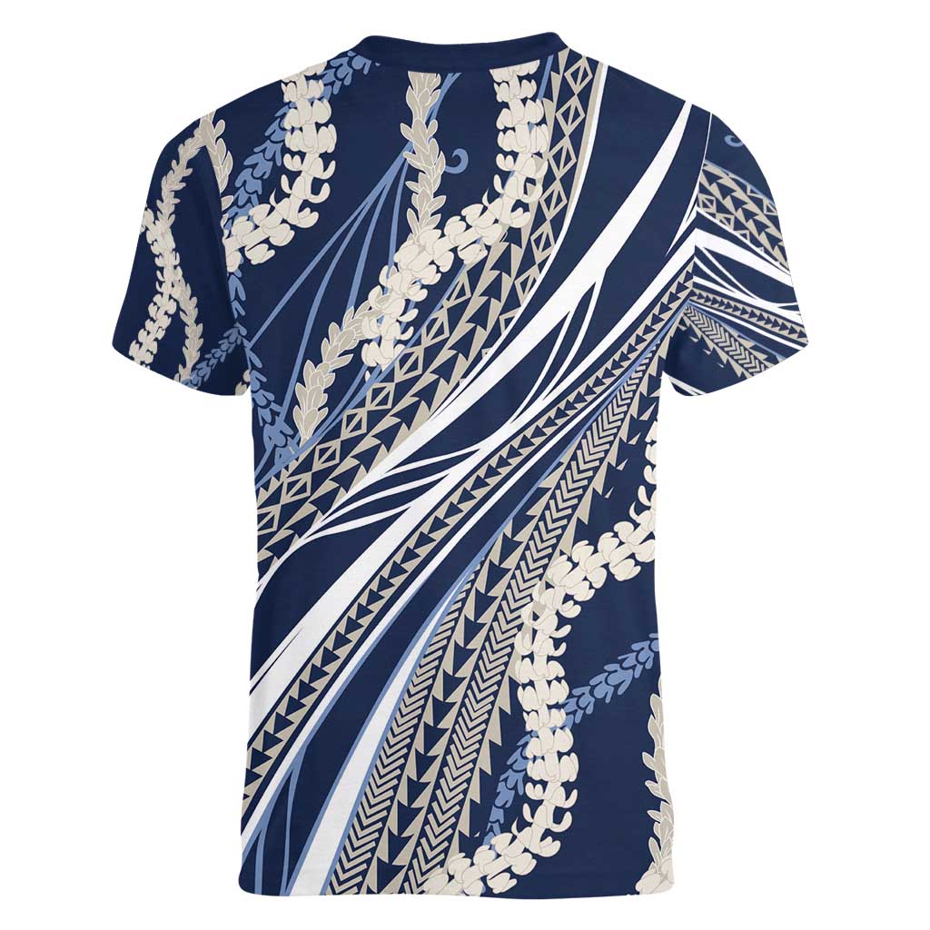 Polynesian Puakeniken Pikake Twisted Lei Women V-Neck T-Shirt Navy Blue - Polynesian Pride