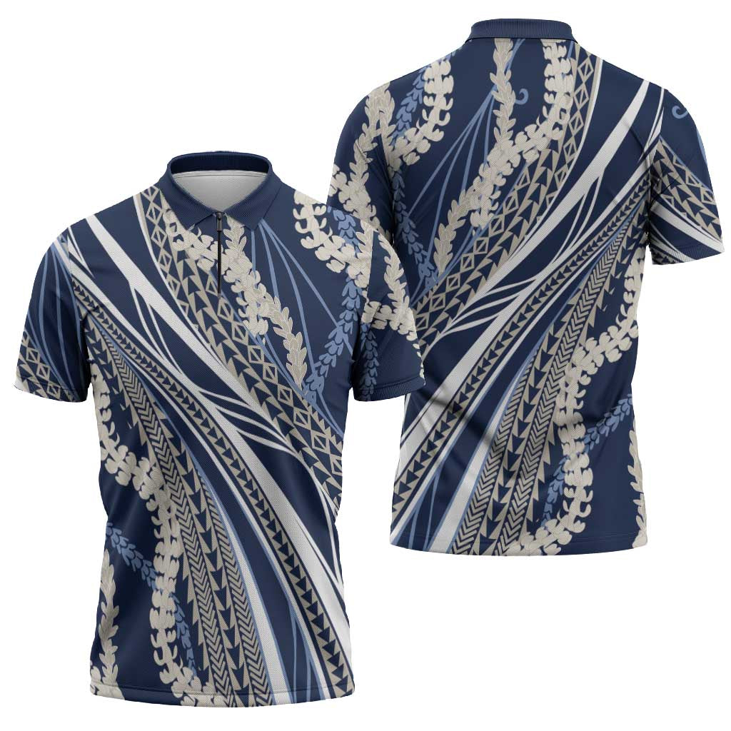 Polynesian Puakeniken Pikake Twisted Lei Zipper Polo Shirt Navy Blue - Polynesian Pride