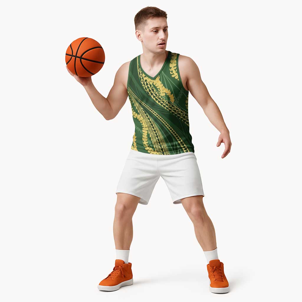 Polynesian Puakeniken Pikake Twisted Lei Basketball Jersey Emerald - Polynesian Pride