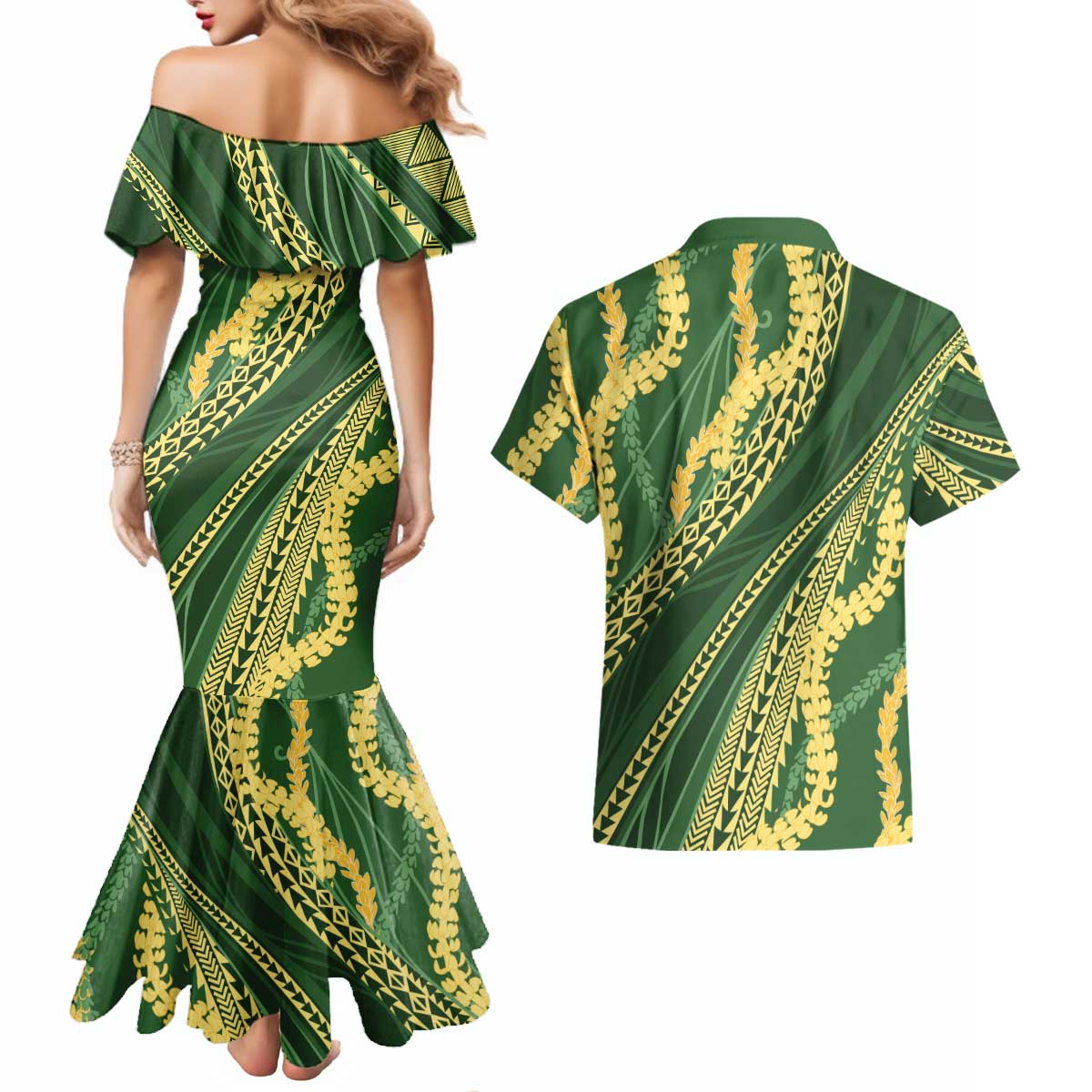 Polynesian Puakeniken Pikake Twisted Lei Couples Matching Mermaid Dress and Hawaiian Shirt Emerald - Polynesian Pride
