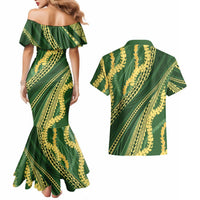 Polynesian Puakeniken Pikake Twisted Lei Couples Matching Mermaid Dress and Hawaiian Shirt Emerald - Polynesian Pride