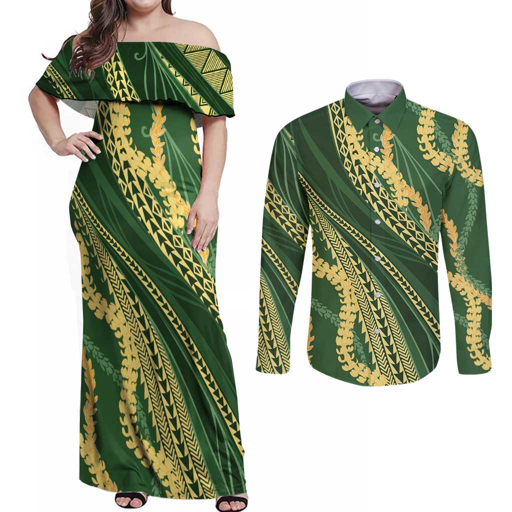 Polynesian Puakeniken Pikake Twisted Lei Couples Matching Off Shoulder Maxi Dress and Long Sleeve Button Shirt Emerald - Polynesian Pride