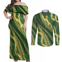 Polynesian Puakeniken Pikake Twisted Lei Couples Matching Off Shoulder Maxi Dress and Long Sleeve Button Shirt Emerald - Polynesian Pride