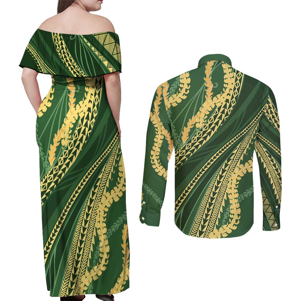 Polynesian Puakeniken Pikake Twisted Lei Couples Matching Off Shoulder Maxi Dress and Long Sleeve Button Shirt Emerald - Polynesian Pride