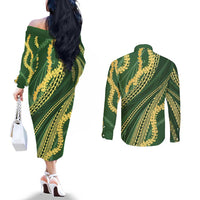 Polynesian Puakeniken Pikake Twisted Lei Couples Matching Off The Shoulder Long Sleeve Dress and Long Sleeve Button Shirt Emerald - Polynesian Pride