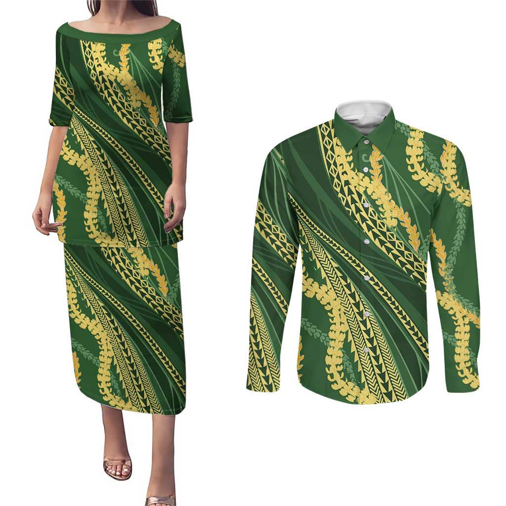 Polynesian Puakeniken Pikake Twisted Lei Couples Matching Puletasi and Long Sleeve Button Shirt Emerald - Polynesian Pride