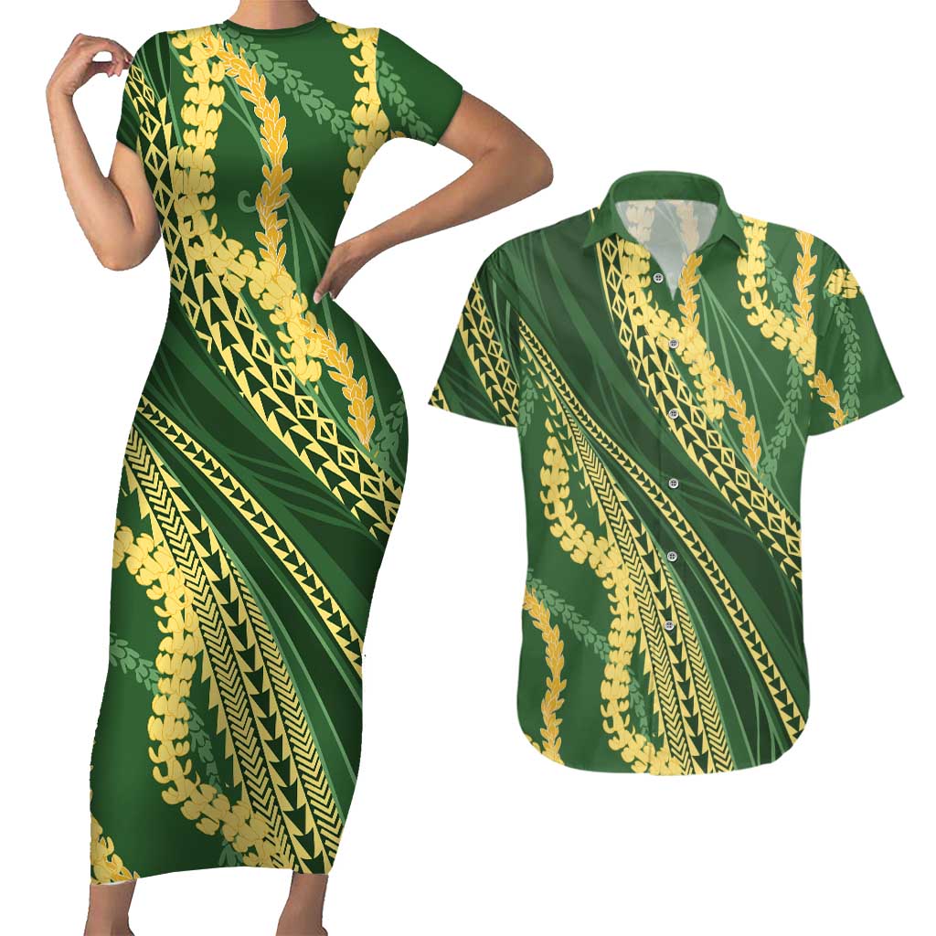 Polynesian Puakeniken Pikake Twisted Lei Couples Matching Short Sleeve Bodycon Dress and Hawaiian Shirt Emerald - Polynesian Pride