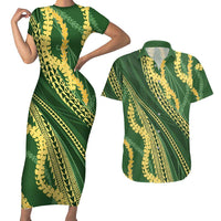 Polynesian Puakeniken Pikake Twisted Lei Couples Matching Short Sleeve Bodycon Dress and Hawaiian Shirt Emerald - Polynesian Pride