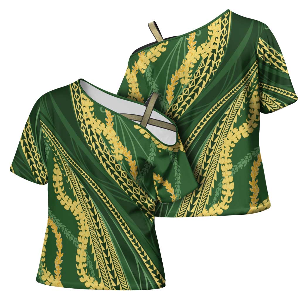 Polynesian Puakeniken Pikake Twisted Lei Cross Shoulder Shirt Emerald - Polynesian Pride