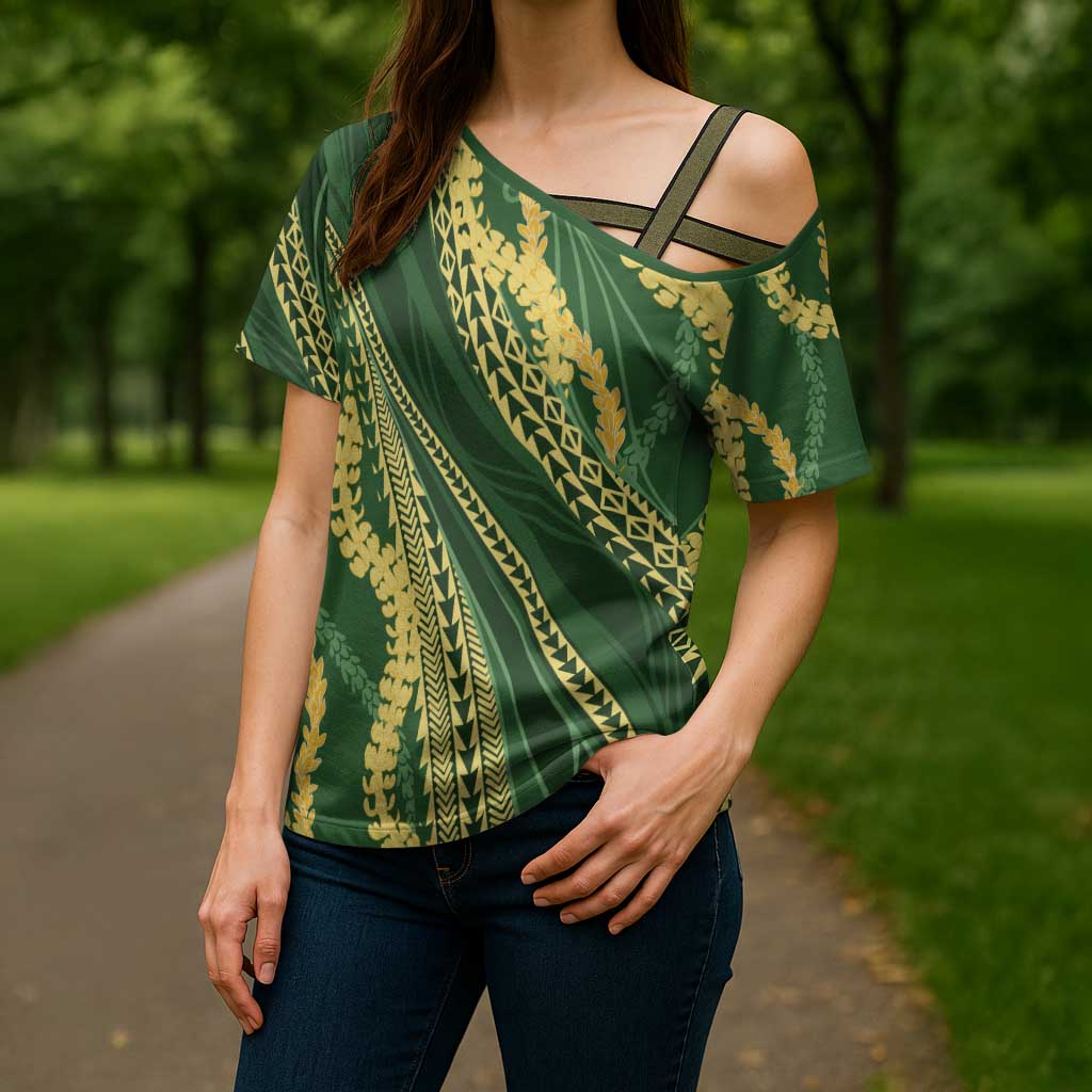 Polynesian Puakeniken Pikake Twisted Lei Cross Shoulder Shirt Emerald - Polynesian Pride