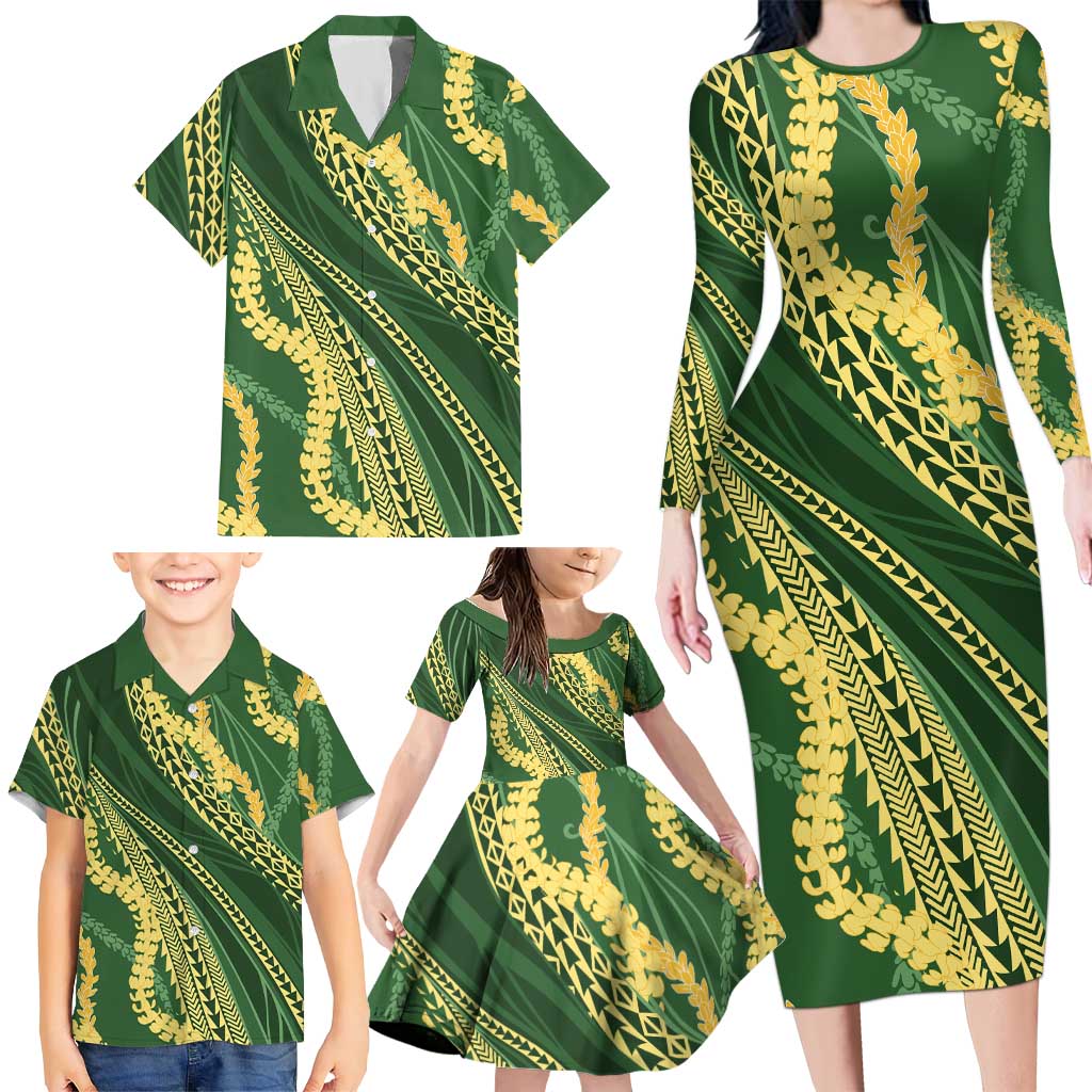 Polynesian Puakeniken Pikake Twisted Lei Family Matching Long Sleeve Bodycon Dress and Hawaiian Shirt Emerald - Polynesian Pride