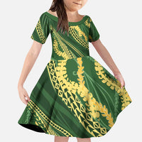 Polynesian Puakeniken Pikake Twisted Lei Family Matching Off The Shoulder Long Sleeve Dress and Hawaiian Shirt Emerald LT7 Daughter's Dress Emerald - Polynesian Pride