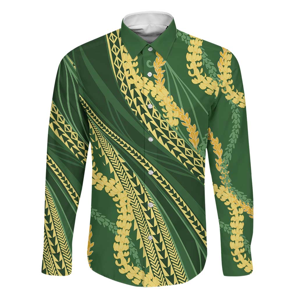 Polynesian Puakeniken Pikake Twisted Lei Family Matching Off The Shoulder Long Sleeve Dress and Hawaiian Shirt Emerald LT7 Dad's Shirt - Long Sleeve Emerald - Polynesian Pride