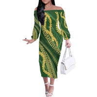 Polynesian Puakeniken Pikake Twisted Lei Family Matching Off The Shoulder Long Sleeve Dress and Hawaiian Shirt Emerald LT7 Mom's Dress Emerald - Polynesian Pride