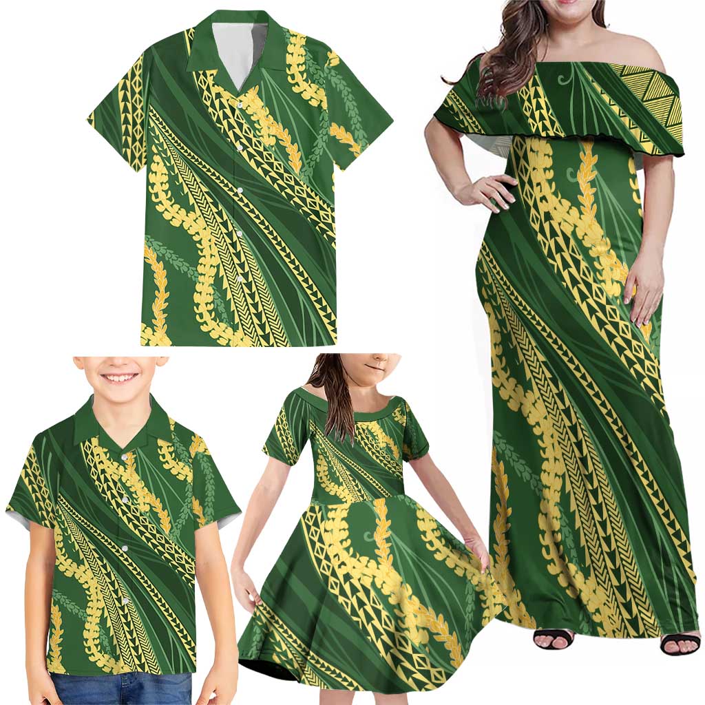 Polynesian Puakeniken Pikake Twisted Lei Family Matching Off Shoulder Maxi Dress and Hawaiian Shirt Emerald LT7 - Polynesian Pride