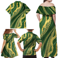 Polynesian Puakeniken Pikake Twisted Lei Family Matching Off Shoulder Maxi Dress and Hawaiian Shirt Emerald LT7 - Polynesian Pride