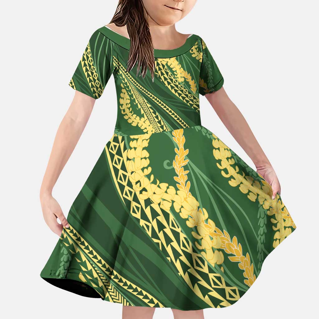 Polynesian Puakeniken Pikake Twisted Lei Family Matching Off Shoulder Short Dress and Hawaiian Shirt Emerald LT7 Daughter's Dress Emerald - Polynesian Pride